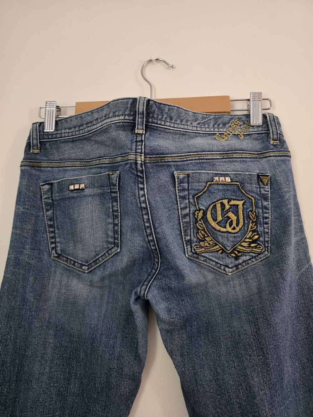 Guess Vintage Blue Straight Leg Jeans with Gold Crest Embroidery